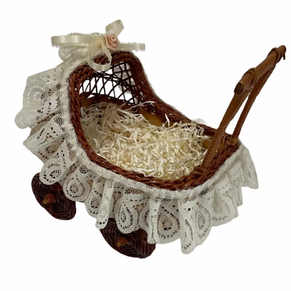Vintage Basket Handcrafted Baby Carriage Ivory Lace Ribbon Rose Wicker Basket